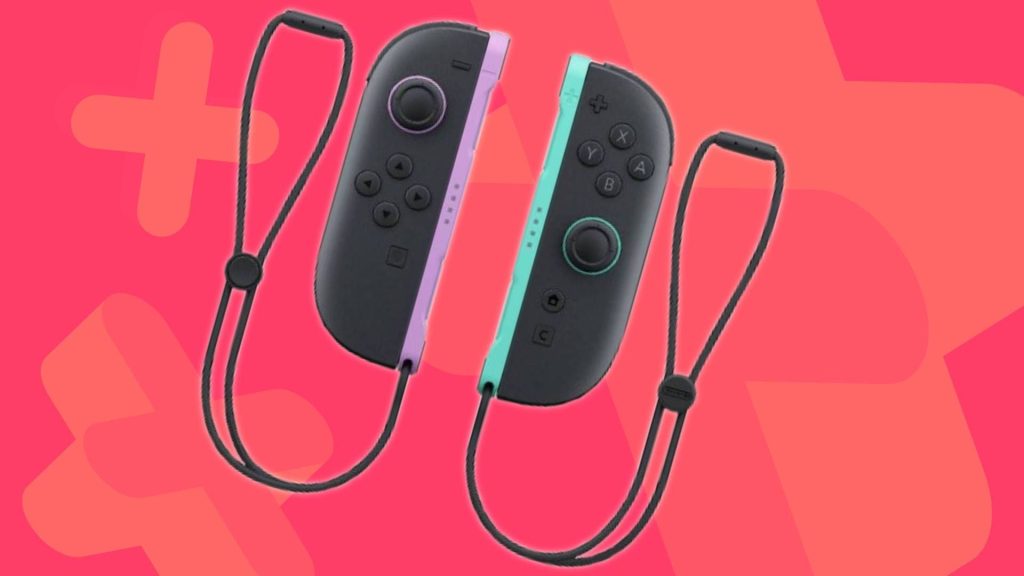 Image of the new light purple and light green Nintendo Switch 2 Joy-Con controllers on a pink GamesRadar+ background.