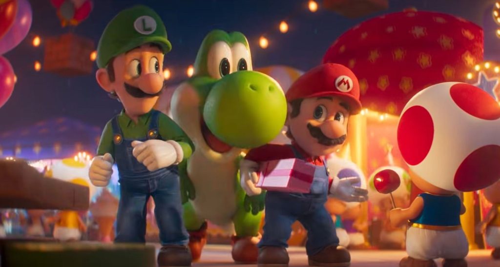 Luigi, Yoshi and Mario looking at Toad