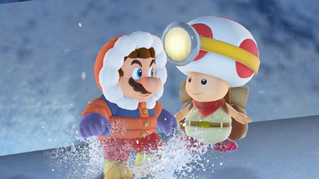 Mario stands next to Captain Toad in Super Mario Odyssey.