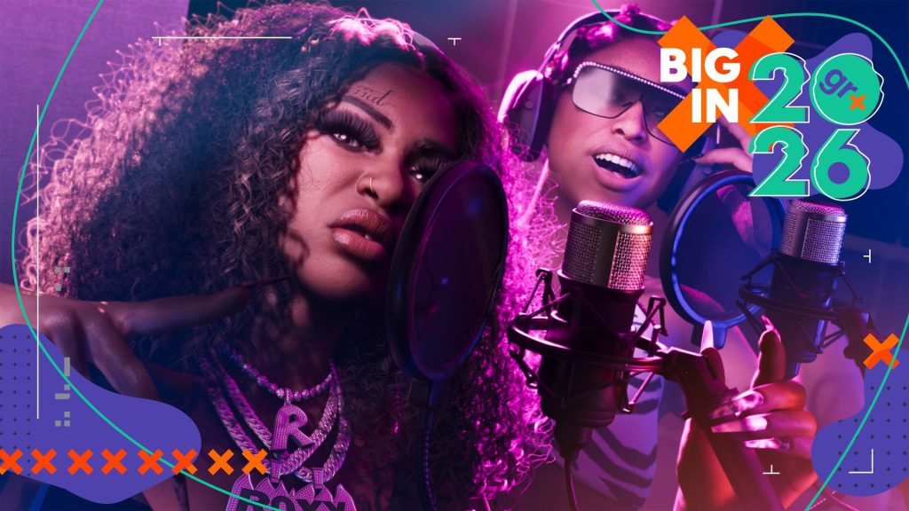 Rap duo Real Dimez in GTA 6 stand in front of microphones, with the GamesRadar+ Big in 2026 frame branding