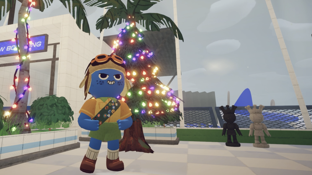 Valve sends annual chocolates to Steam devs who earn roughly $800,000, and before Peak the folks at Aggro Crab got pretty sick of looking across the hall to see the Slay the Spire team open Gaben candy every year Screenshot from Peak's winter update, showing a blue-skinned character smiling at the airport in front of a lit up Christmas tree.