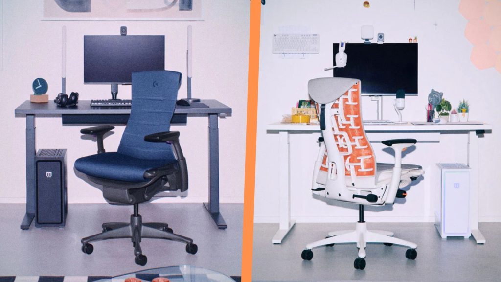 Herman Miller is finally bringing these two Embody colorways to the UK, and yes, the price is still ludicrously high Two marketing images of the Herman Miller Embody chairs separated by an orange line