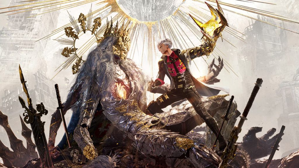 A vampire characters holds an almost angelic-looking monster figure as they go in for the finishing blow atop a mound of weapons, a haloed sun above them against a ruined city backdrop, in the key art for Code Vein 2 - cropped for the thumbnail to be closer to the two figures