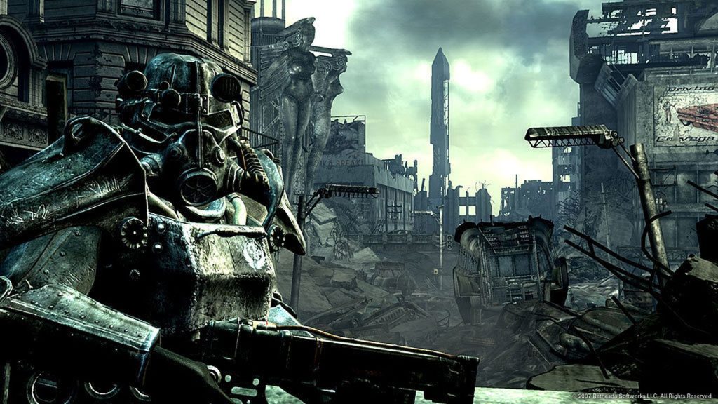 Fallout 3 screenshot of someone in power armor standing in front of a rundown version of the Washington Monument