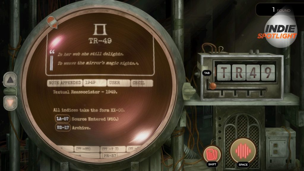 I'm in my happy place: a dark basement digging through a computer archive that may or may not be alive TR-49 screenshot showcasing the archive machine and some text as well as the dial to the side