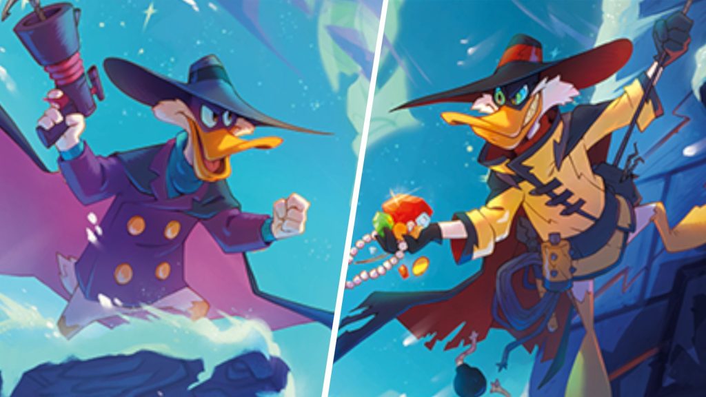 Disney Lorcana Winterspell expansion is doing something it never has before with first Darkwing Duck cards Darkwing Duck and Negaduck facing each other in a snowy environment, divided by a white line vertically across the middle of the frame