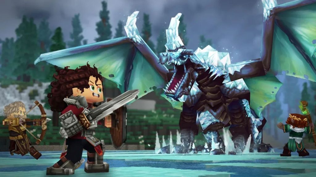 Minecraft creative lead plays Hytale and concludes "I'd rather just play Minecraft," and Hytale's lead says "he is probably right to feel this way" Screenshot from Hytale, showing three warriors with a sword, bow, and staff sighting a big, icy dragon.