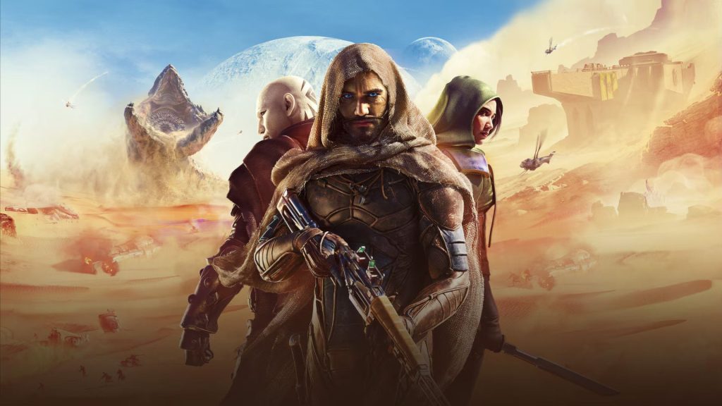 Key art for Dune Awakening showing the major characters in front of sand dunes, military bases, and a sand worm