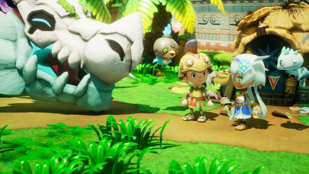Two players outside a house with a dragon during the upcoming PS5 game, FANTASY LIFE i: The Girl Who Steals Time.