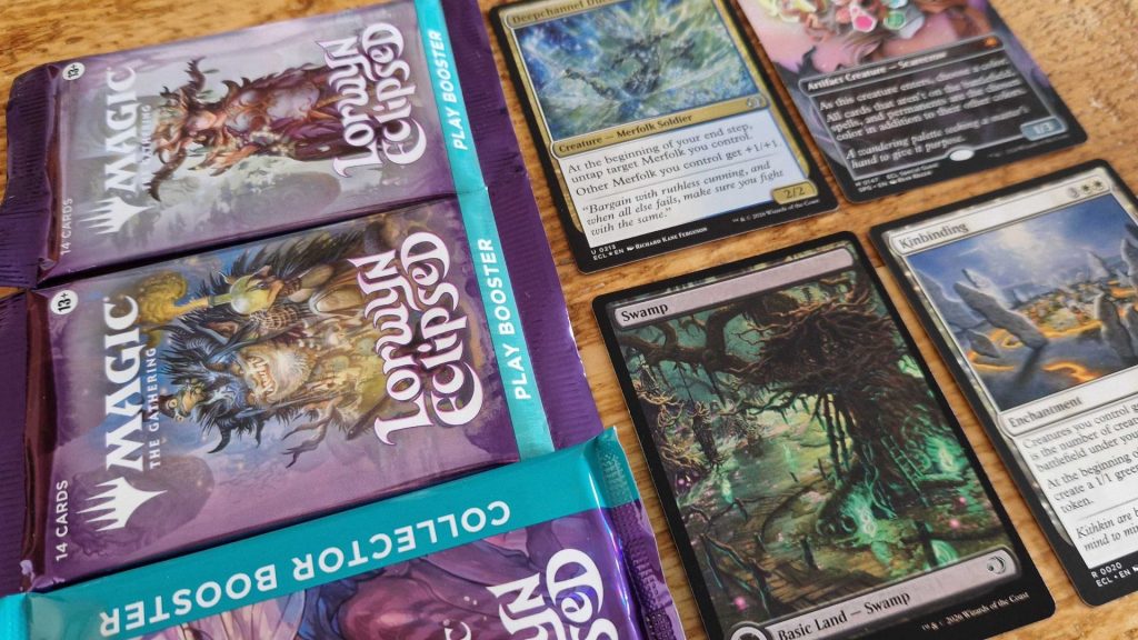 Lorwyn Eclipsed booster packs and cards laid out neatly on a wooden surface