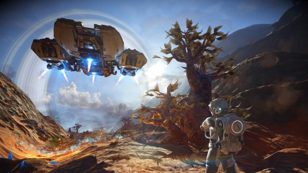 No Man's Sky screenshot shows a figure looking at a corvette flying in the distance.