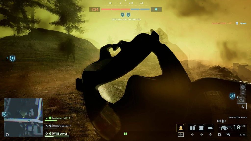 How to equip a Battlefield 6 gas mask Battlefield 6 Season 2 playing putting on gas mask while running through VL-7 gas cloud with hallucination ahead