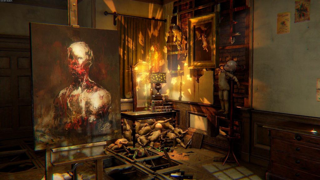 Layers of Fear screenshot showing a portrait painting of a decaying person on an easel before a table that has lots of baby dolls stuffed beneath it