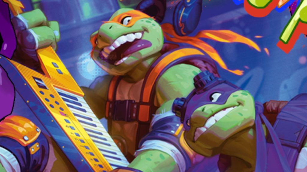 Two turtles rock out with 80s-style instruments