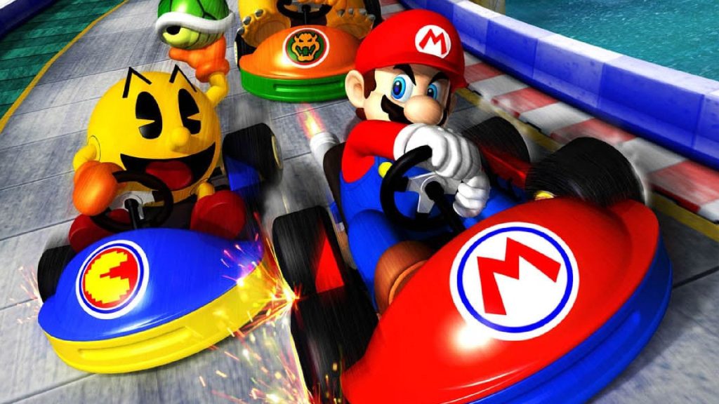 Mario Kart Arcade GP key art, with Pac-Man and Mario racing against each other