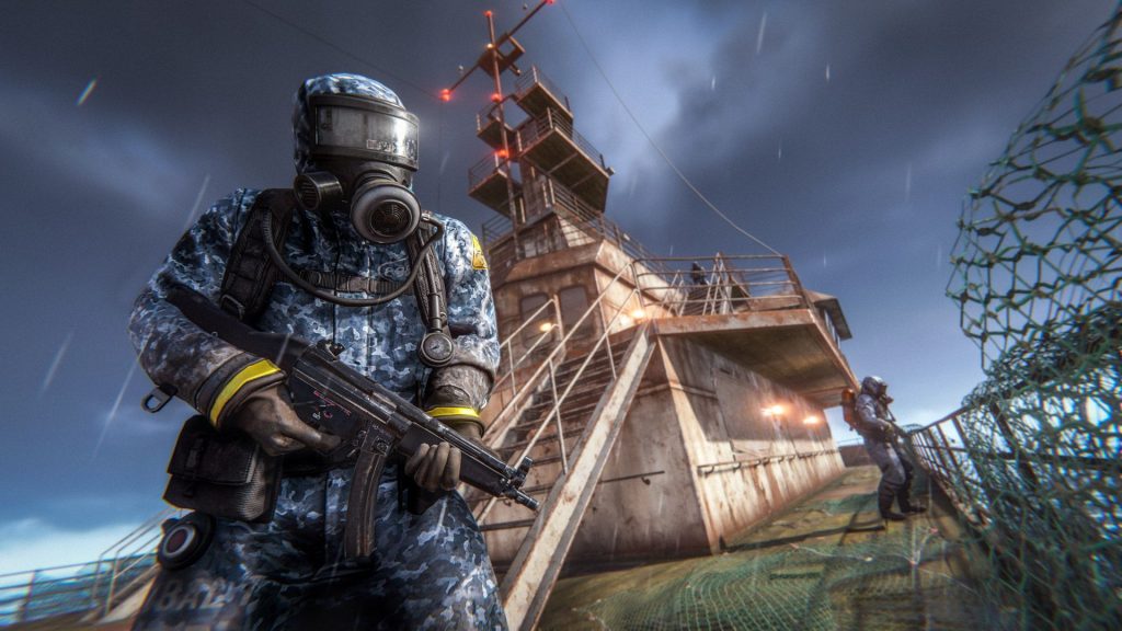 Rust player in a hazard suit on a boat