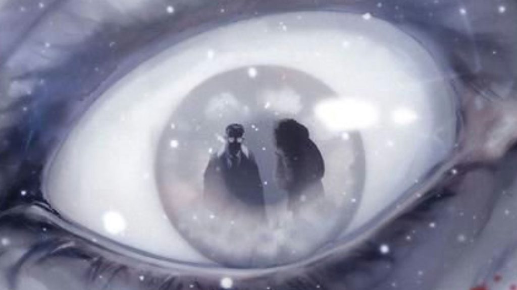 An eye showing the reflection of two silhouettes looking down at it.