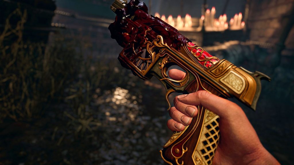 The player looks at their ornate hands gun with a blood-red chamber in Crisol: Theater of Idols