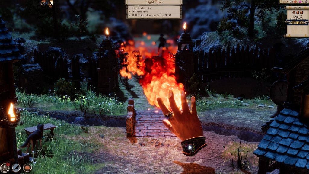 A god hand in Masters of Albion spews flames onto enemies across a bridge