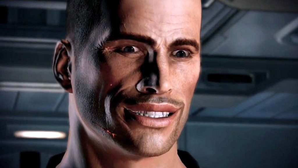 Commander Shepard smiles bizarrely in Mass Effect