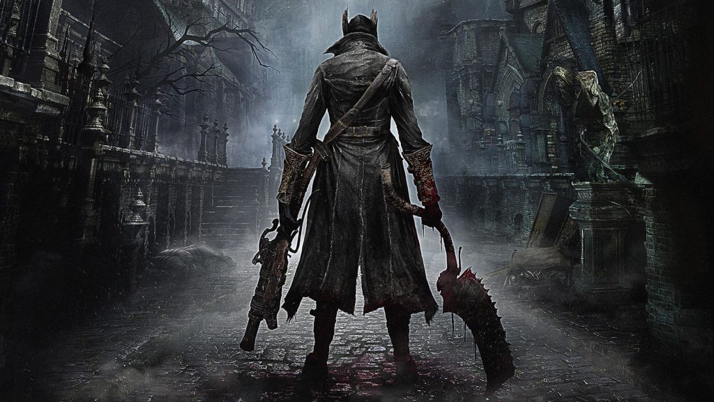 Bloodborne screenshot of The Hunter player-character with their back to us, wielding a bladed in their right hand and an a ranged weapon in their left