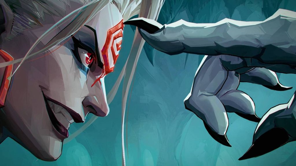 Marvel Rivals Season 3 Knull pressing a finger on Hela's forehead with a red spiral