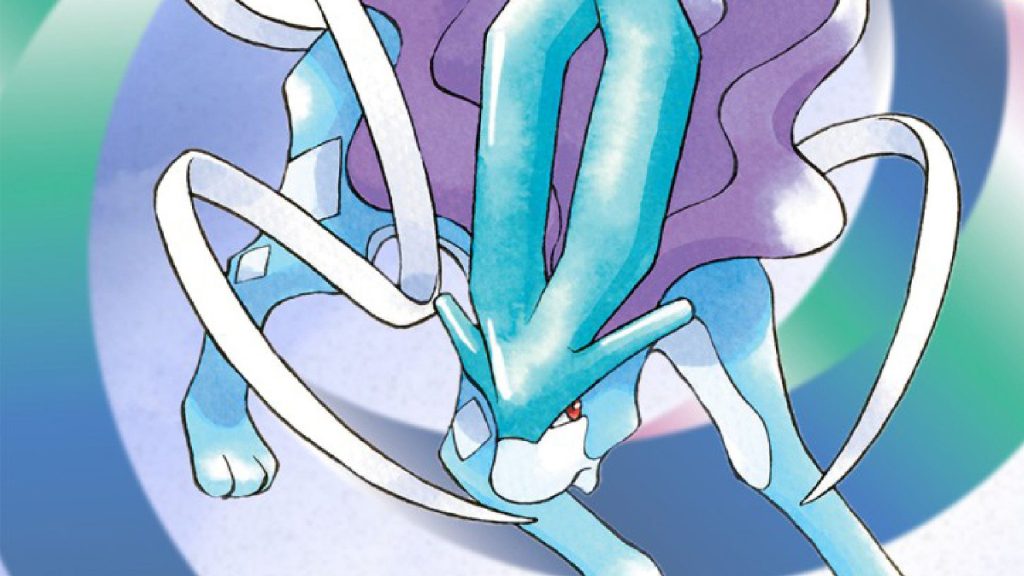 Suicune, a light blue dog with flowing purple hair, in key art for Pokemon Crystal from the Nintendo eShop