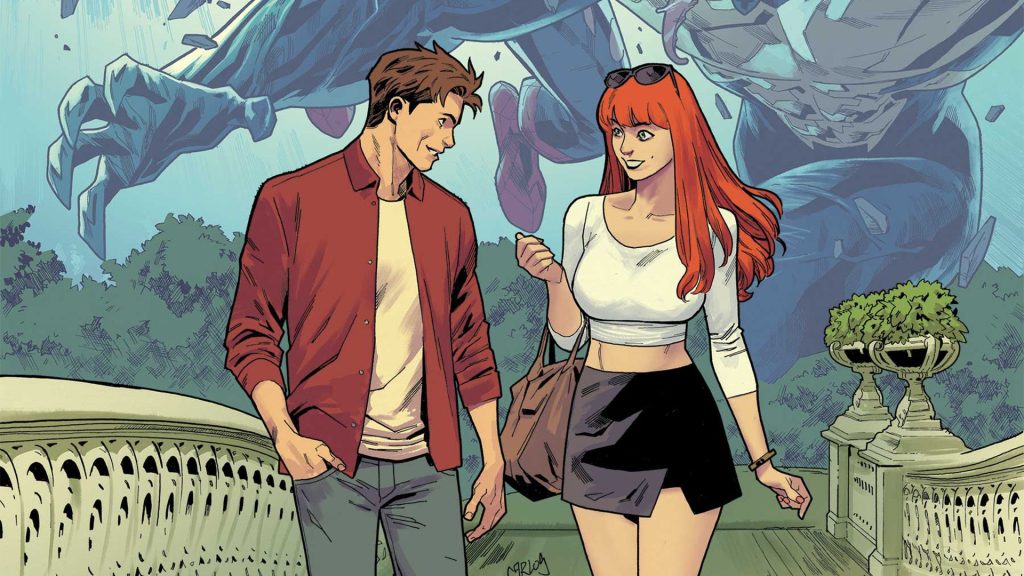 Peter Parker and Mary Jane Watson walking together with an image of Spider-Man fighting Venom in the background
