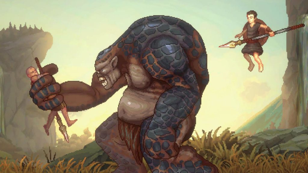 Kratos is grabbed by a cyclops in God of War: Sons of Sparta, as Deimos leaps to his aid from behind