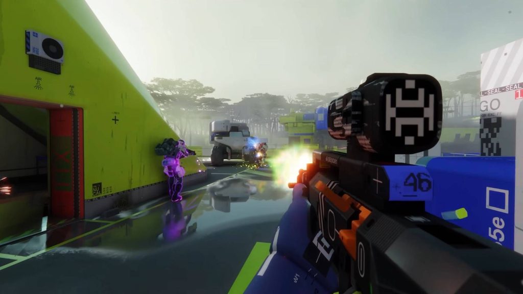 All Marathon weapons that we know of so far Marathon firing precision rifle at enemy runner with teammate