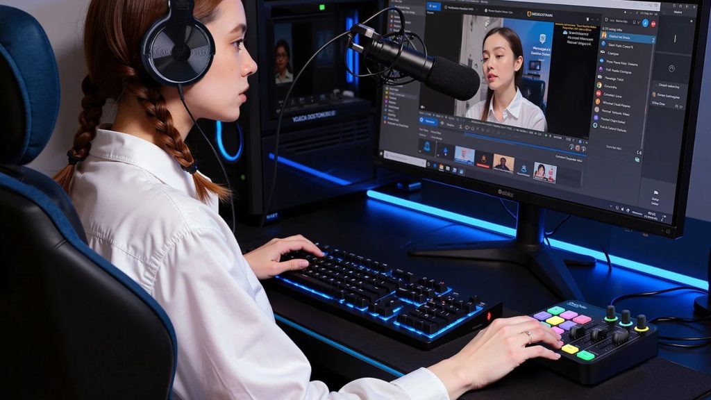 High-end live streaming mixers can cost $499, but this one somehow costs $49 – is OneOdio's Solocaster too good to be true, or a new budget hero? A lifestyle image of a woman using the OneOdio Solocaster in a gaming setup