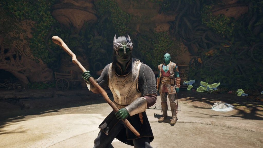 In Avowed, an Aumaua Envoy of Aedyr wields a two-handed quarterstaff