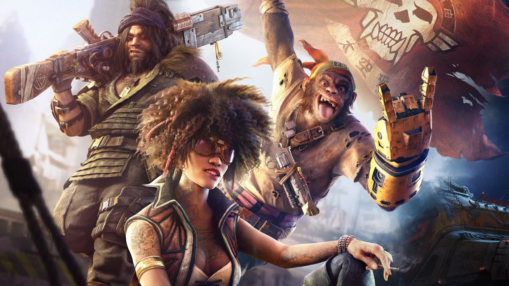 A still from Beyond Good and Evil 2, showing a woman, a man holding a gun and a monkey with an eye patch.