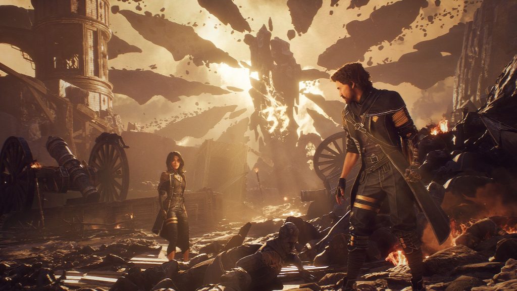 Two characters standing on a glowing battlefield during Clair Obscur: Expedition 33