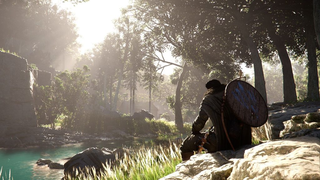 Kliff resting by a stream in a forest in Crimson Desert