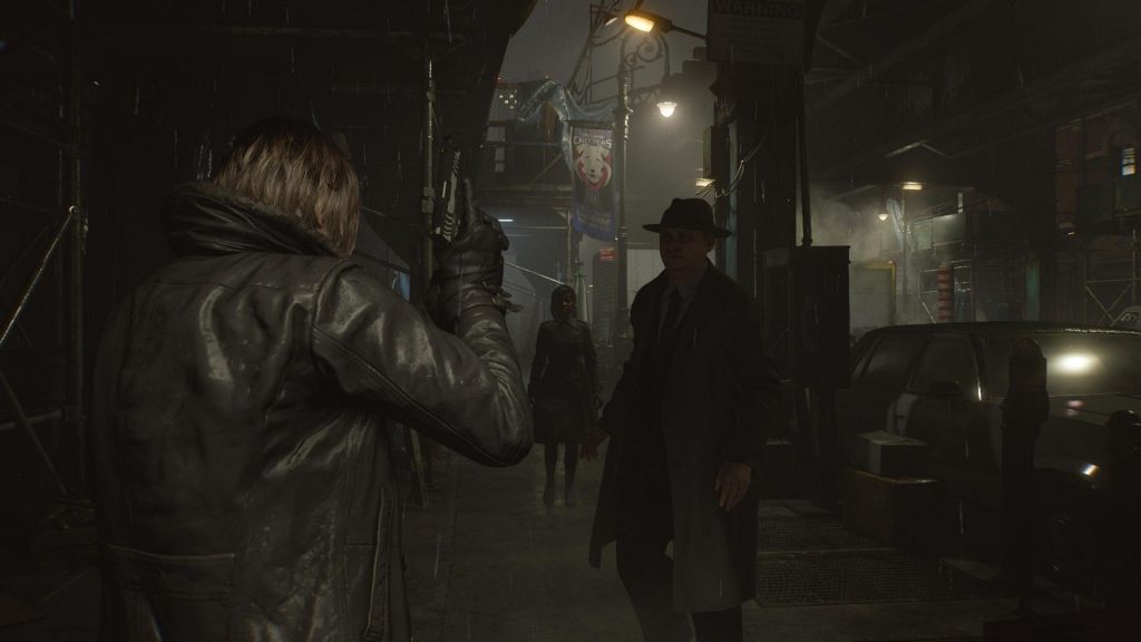 Leon draws his weapon in the streets at night in Resident Evil Requiem, unsettling passersby