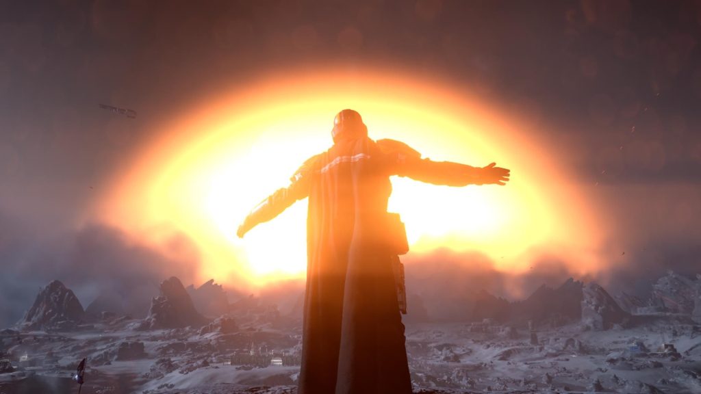 Helldivers 2 soldier watches a nuclear explosion in the distance with his arms stretched wide