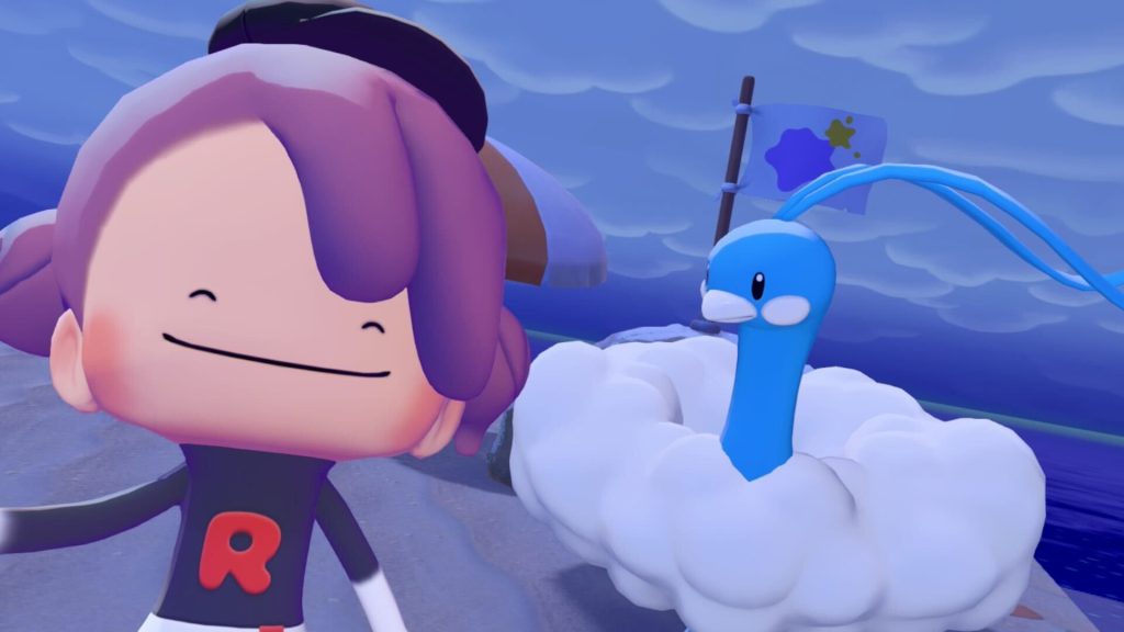 How to get new outfits and hairstyles in Pokemon Pokopia Posing with Altaria in Pokemon Pokopia with Ditto wearing a Team Rocket costume