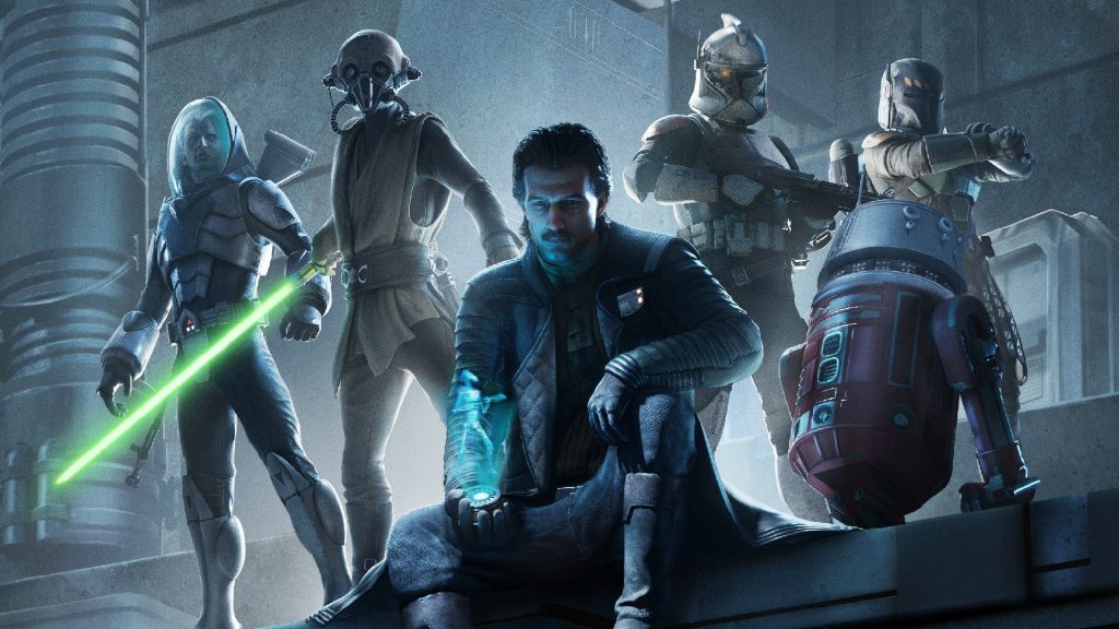 Six characters pose heroically in art for Star Wars: Zero Company
