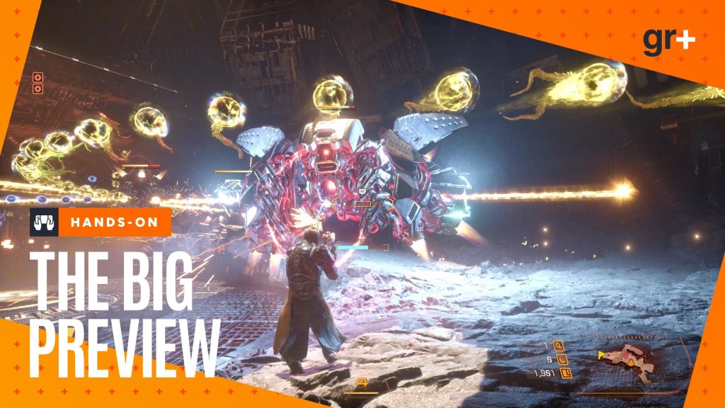 Arjun blasts through the Ancient Depths in Saros, an abandoned, mechanical mining environment, while avoiding orbal energy blasts, with the orange GamesRadar+ Big Preview frame