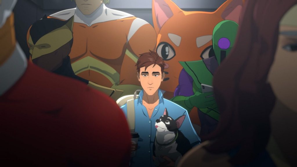 Robert rides the elevator to work in Dispatch with his dog Beef, looking out of place surrounded by superheroes