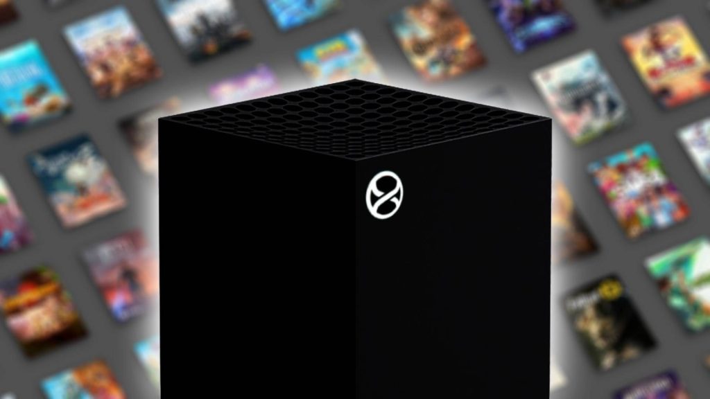 Xbox Project Helix logo in front of Series X silhouette with Game Pass box art in backdrop.