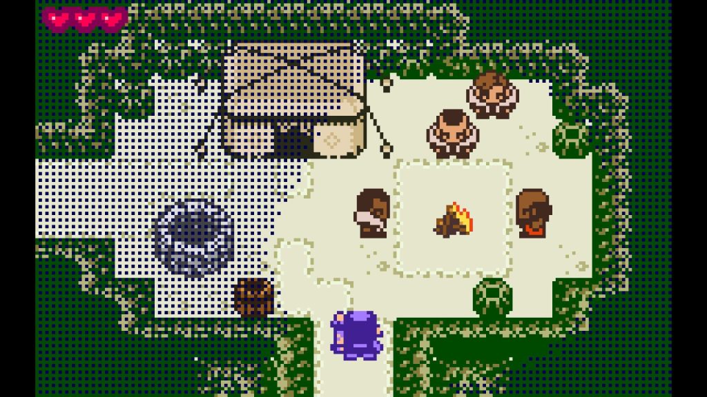Screenshot from Ratcheteer DX, showing a GBC-style cave with four pixelated characters finding warmth around a fire.