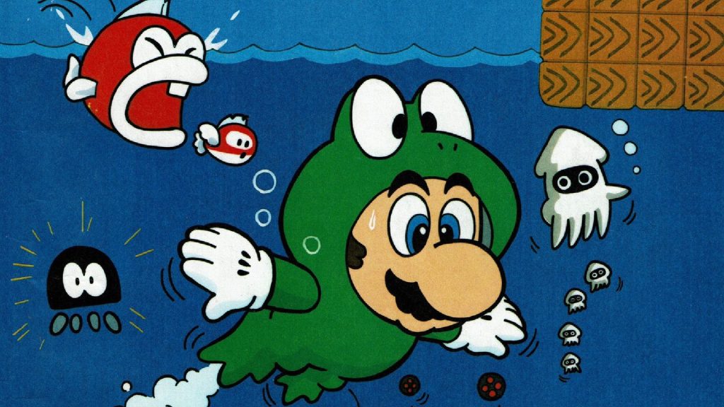 Mario swims around in a Frog Suit in art for Super Mario Bros. 3