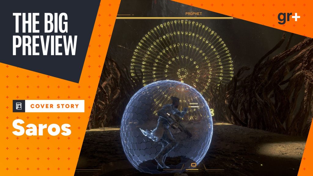 Arjun shields up as Prophet blasts out a spiral of yellow corrupted bullets in a Saros boss fight, with the GamesRadar+ Big Preview frame