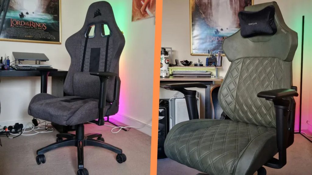Two review photos of the Corsair TC100 Relaxed and TC500 Luxe gaming chairs side by side, separated by an orange line