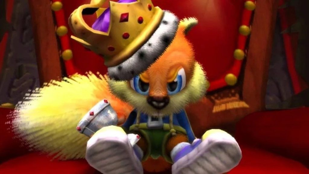 Screenshot from Conker Live &amp; Reloaded showing the titular squirrel on the thrown with a slanted crown.