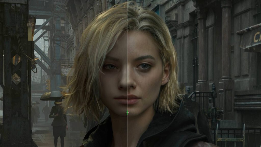 Nvidia comparison tool featuring Grace from Resident Evil Requiem and DLSS 5 switched off on left and enabled on right.