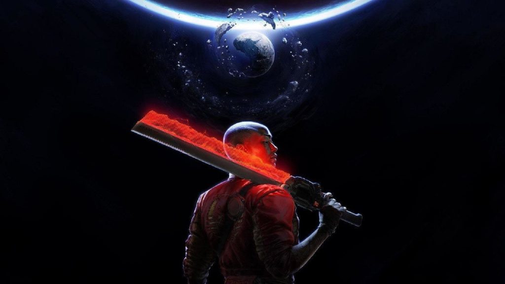Key art for Intergalactic: The Heretic Prophet showing bounty hunter Jordan A. Mun with a cyber sword in front of a crumbling planet