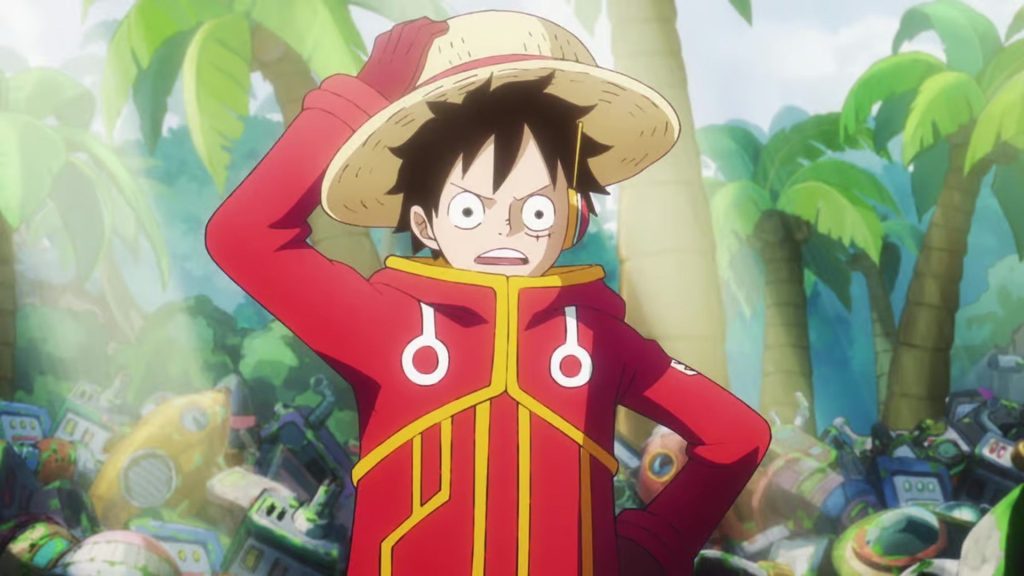 Monkey D. Luffy looking confused on an island in One Piece Egghead Island